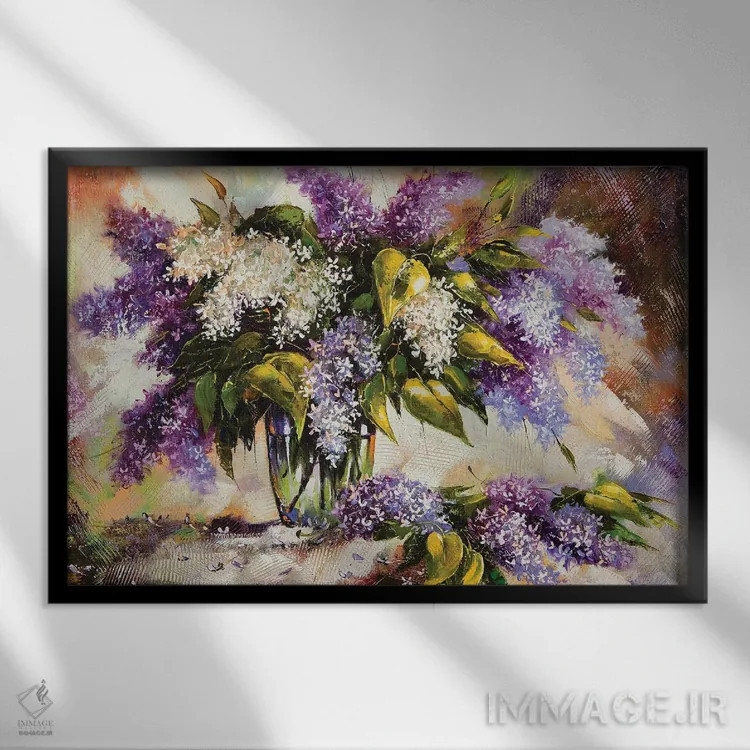 تابلو دسته گل یاس بنفش در گلدان اثر بالایکین - نمای قابدار مشکی