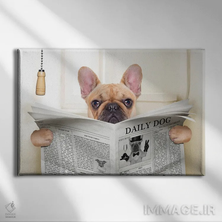 تابلو سگ روی توالت در حال خواندن روزنامه V اثر دَمِدیزو - نمای روبهرو روی دیوار