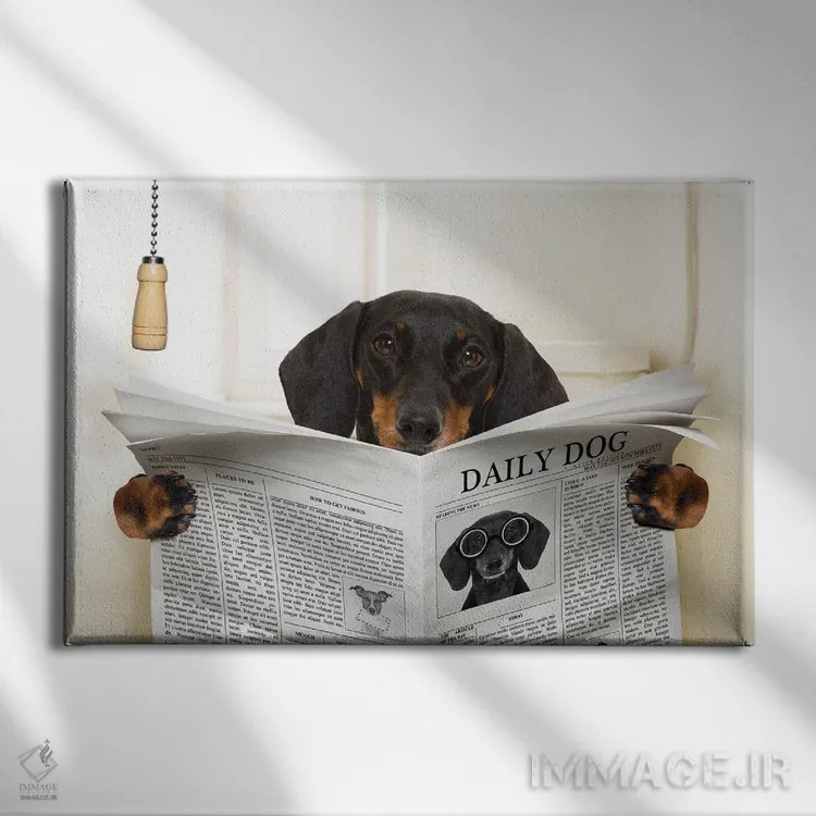 تابلو سگ روی توالت در حال خواندن روزنامه III اثر دَمِدیزو - نمای روبهرو روی دیوار