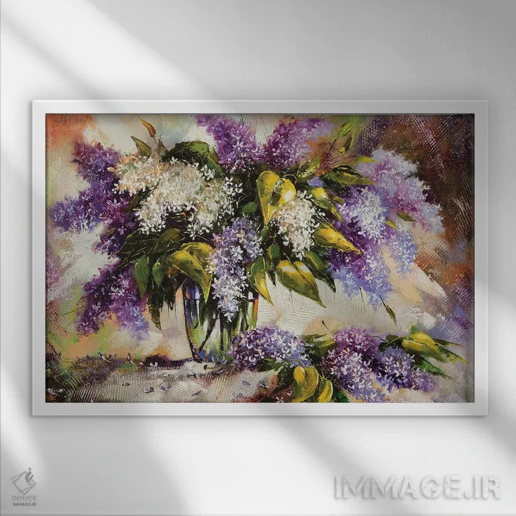 تابلو دسته گل یاس بنفش در گلدان اثر بالایکین - نمای قابدار سفید