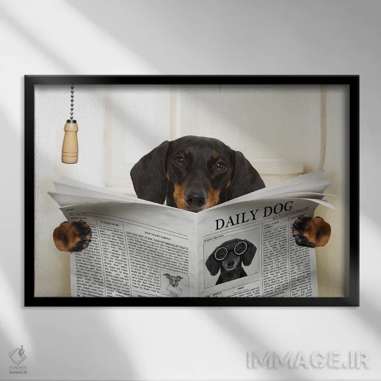 تابلو سگ روی توالت در حال خواندن روزنامه III اثر دَمِدیزو - نمای قابدار مشکی
