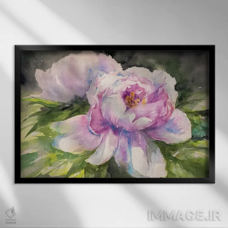 تابلو آبرنگ گل صدتومانی صورتی اثر دیپگرین (هنرمند یا برند هنری) - نمای قابدار مشکی