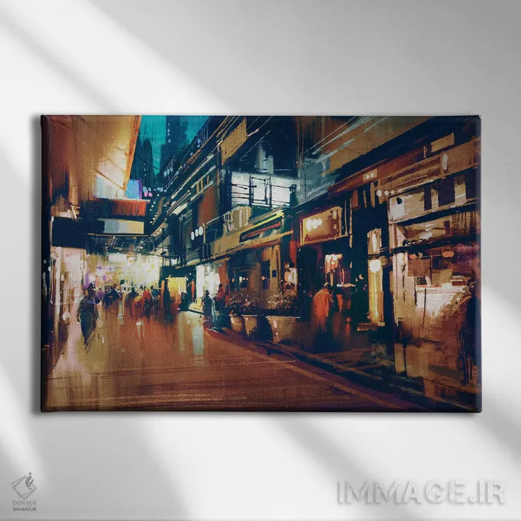 تابلو خیابان شبانهٔ رنگارنگ اثر گرندفیلر (نام هنری) - نمای روبهرو روی دیوار