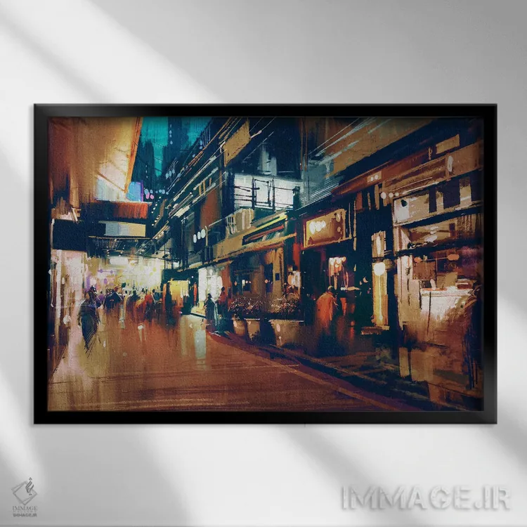 تابلو خیابان شبانهٔ رنگارنگ اثر گرندفیلر (نام هنری) - نمای قابدار مشکی