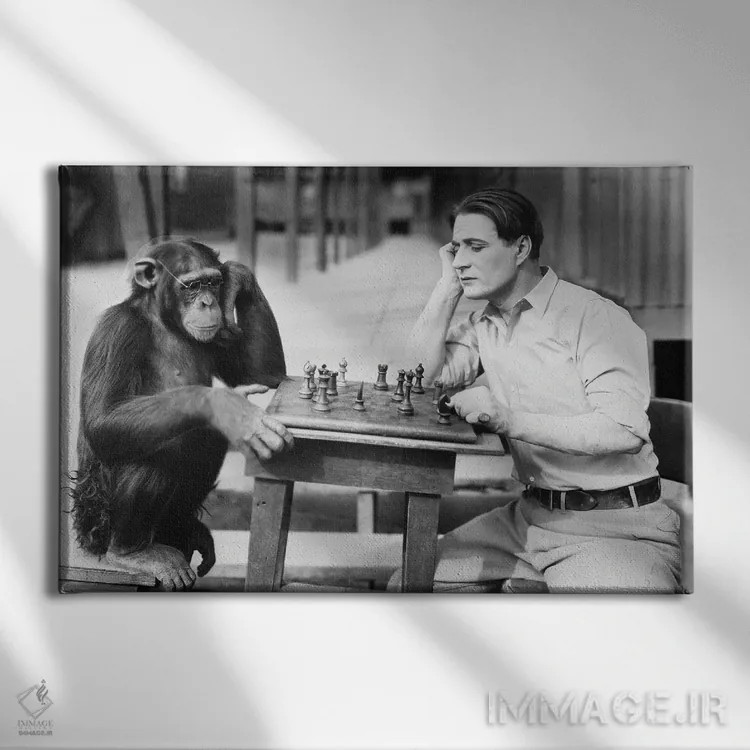 تابلو مردی که با میمون شطرنج بازی میکند اثر اورِت ۲۲۵ - نمای روبهرو روی دیوار