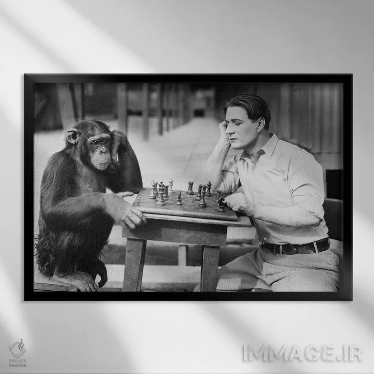 تابلو مردی که با میمون شطرنج بازی میکند اثر اورِت ۲۲۵ - نمای قابدار مشکی