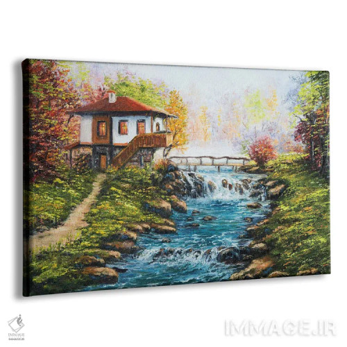 تابلو خانه سنتی بلغاری و رودخانهای در کوهستان اثر بوروجُینت - نمای پرسپکتیو محصول