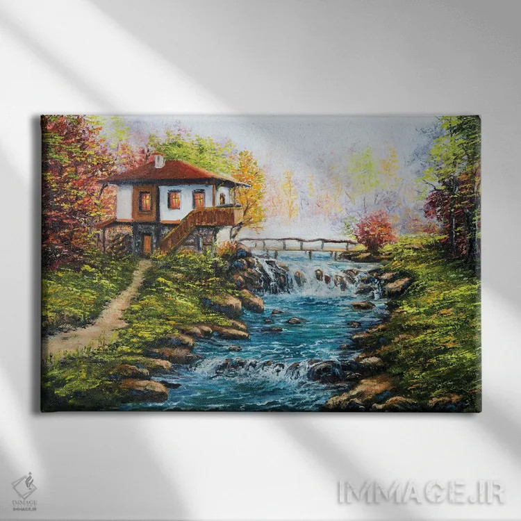 تابلو خانه سنتی بلغاری و رودخانهای در کوهستان اثر بوروجُینت - نمای روبهرو روی دیوار