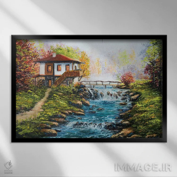 تابلو خانه سنتی بلغاری و رودخانهای در کوهستان اثر بوروجُینت - نمای قابدار مشکی