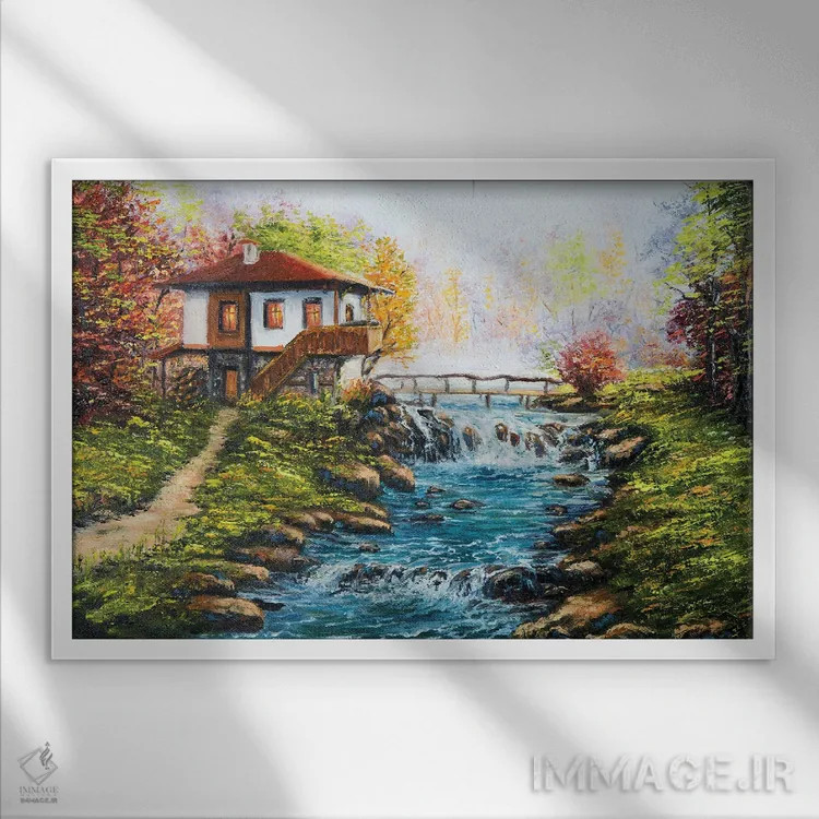 تابلو خانه سنتی بلغاری و رودخانهای در کوهستان اثر بوروجُینت - نمای قابدار سفید