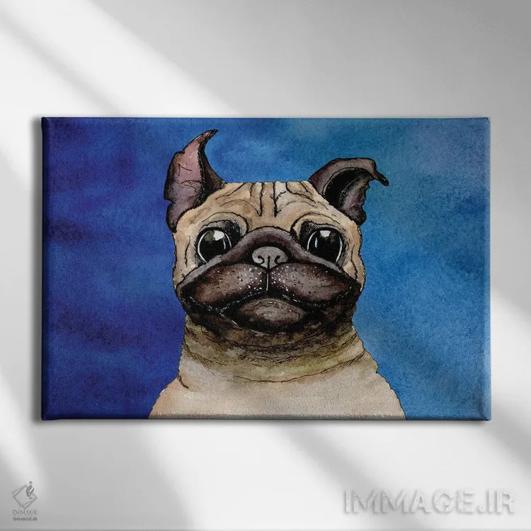 تابلو بولداگ روی زمینه آبی اثر گام۹۲ (هنرمند دیجیتال) - نمای روبهرو روی دیوار