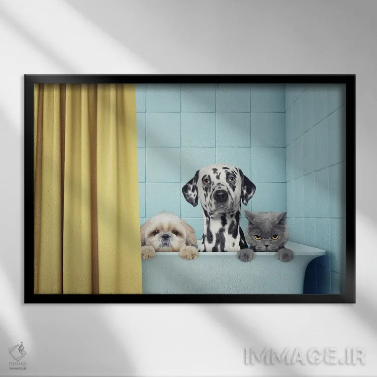 تابلو دو سگ و یک گربه در حمام اثر هلگا۱۹۸۱ (هنرمند دیجیتال) - نمای قابدار مشکی