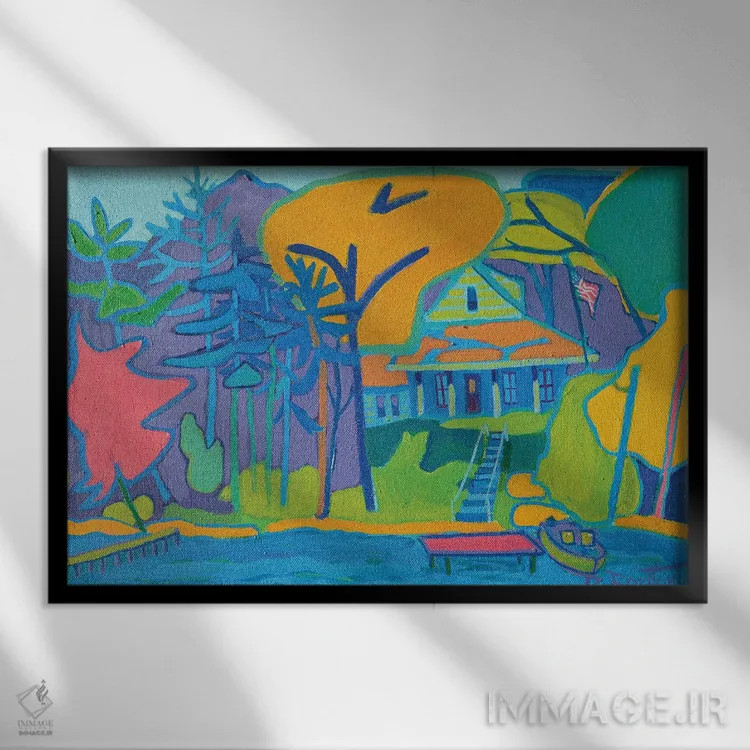 تابلو کلبه کنار رودخانه اثر دبرا برتون رابینسون - نمای قابدار مشکی