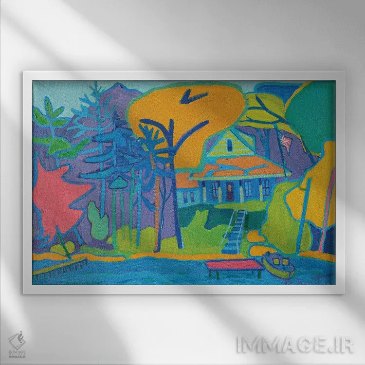 تابلو کلبه کنار رودخانه اثر دبرا برتون رابینسون - نمای قابدار سفید