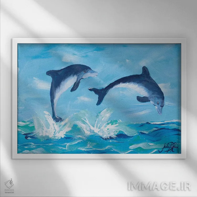 تابلو دلفینهای اوجگیرنده II اثر جولی دریسه - نمای قابدار سفید