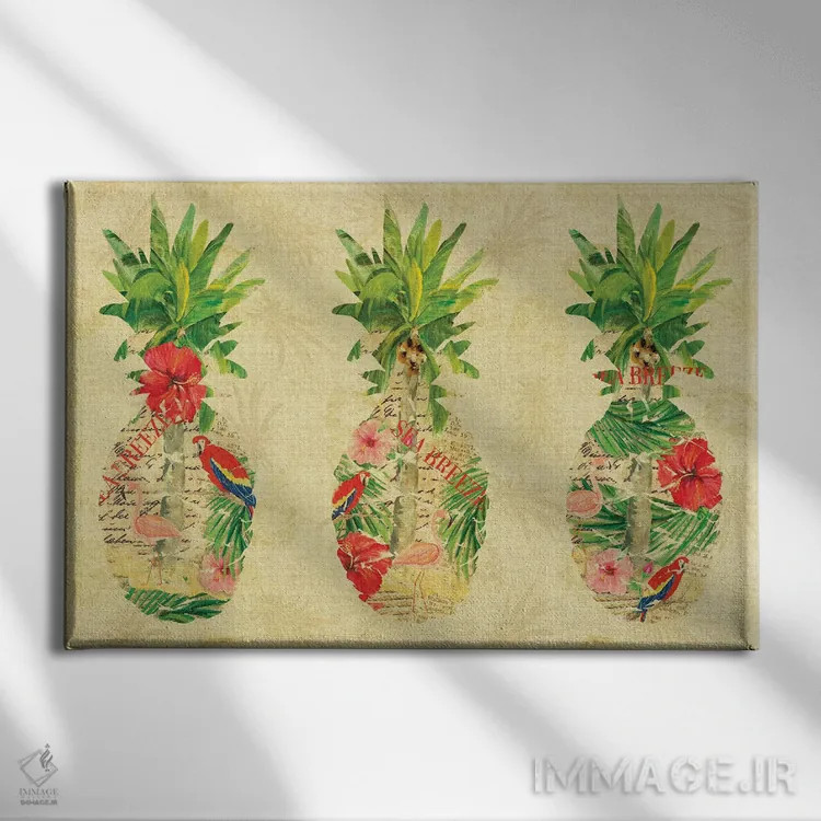 تابلو کلاژ سهگانه آناناس استوایی اثر جولی دریسه - نمای روبهرو روی دیوار