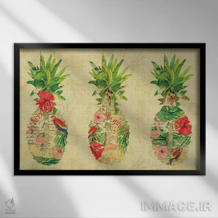 تابلو کلاژ سهگانه آناناس استوایی اثر جولی دریسه - نمای قابدار مشکی