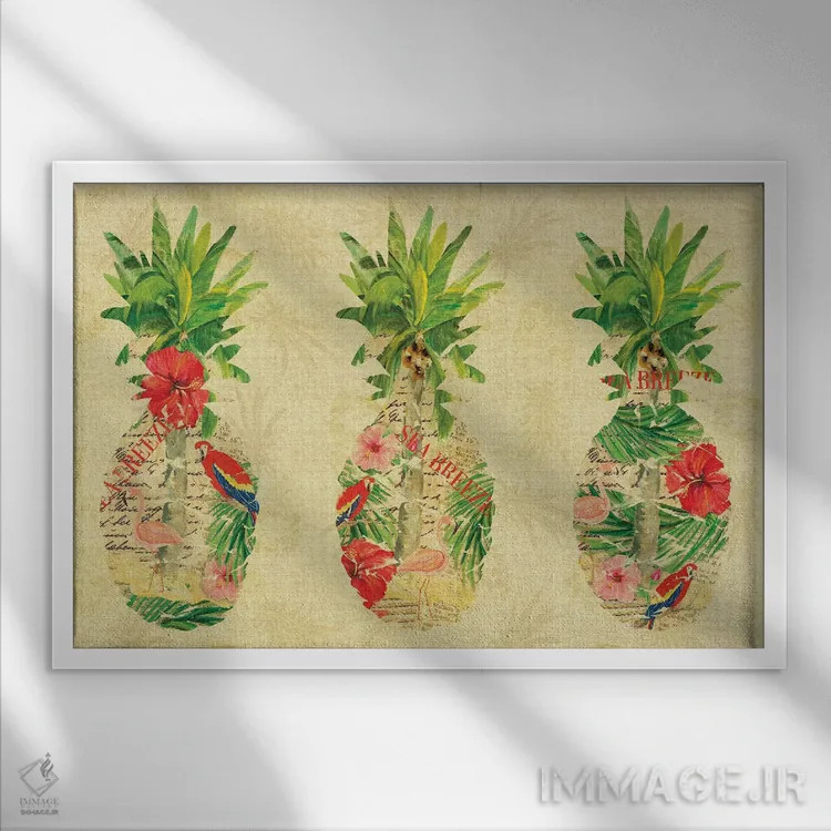 تابلو کلاژ سهگانه آناناس استوایی اثر جولی دریسه - نمای قابدار سفید
