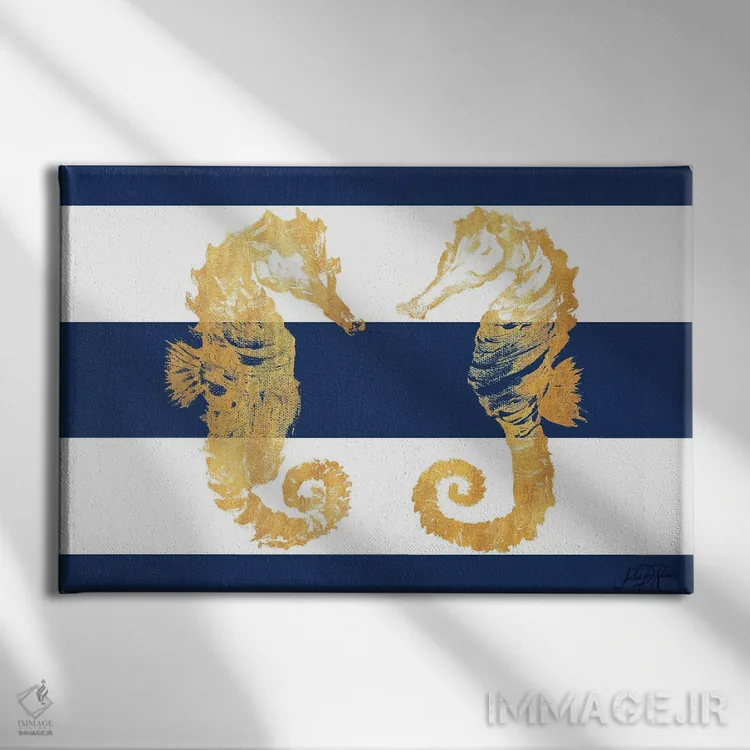 تابلو اسبهای دریایی طلایی روی نوارها اثر جولی دریسه - نمای روبهرو روی دیوار