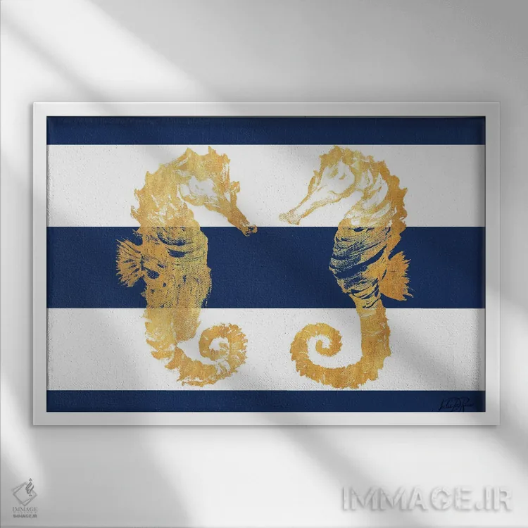 تابلو اسبهای دریایی طلایی روی نوارها اثر جولی دریسه - نمای قابدار سفید