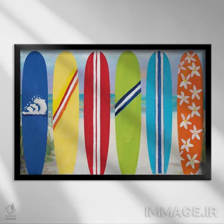 تابلو تختههای موجسواری در ساحل اثر جولی دریسه - نمای قابدار مشکی