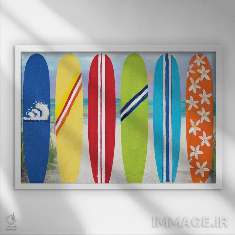 تابلو تختههای موجسواری در ساحل اثر جولی دریسه - نمای قابدار سفید