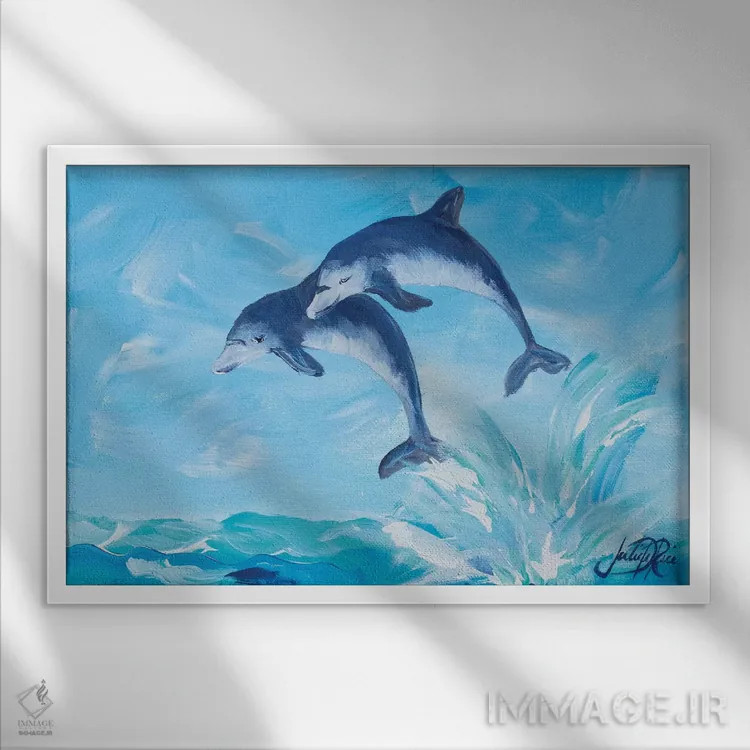 تابلو دلفینهای در حال پرش I اثر جولی دریسه - نمای قابدار سفید