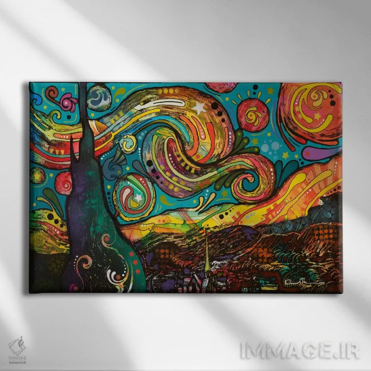 تابلو شب پرستاره (ارجاع به نقاشی ونگوگ) اثر باور روسو - نمای روبهرو روی دیوار