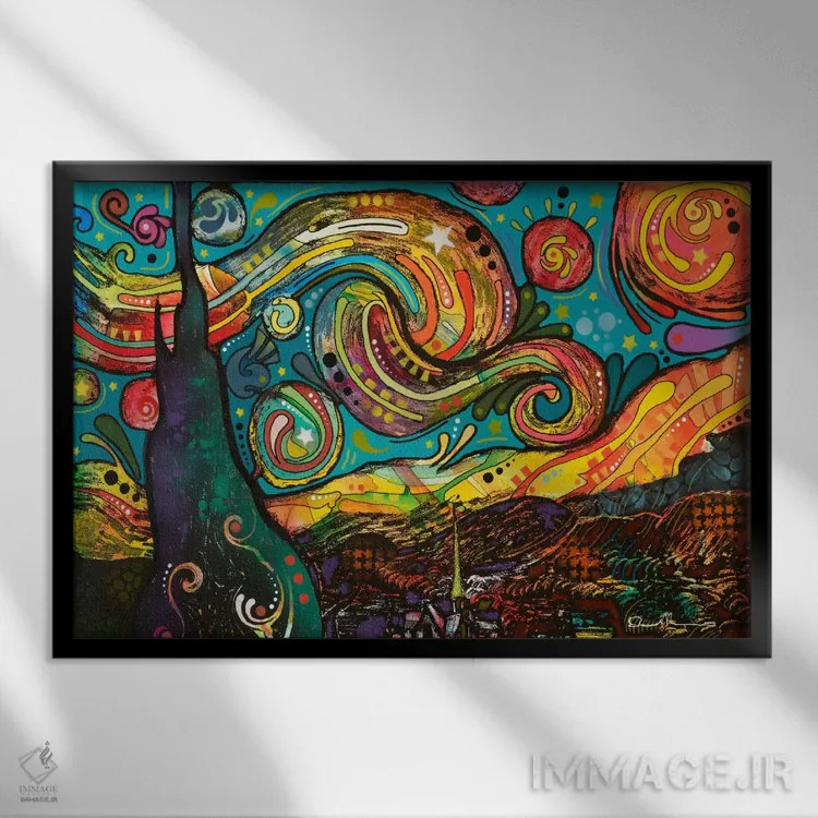 تابلو شب پرستاره (ارجاع به نقاشی ونگوگ) اثر باور روسو - نمای قابدار مشکی