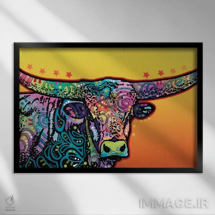 تابلو لانگهورن (گاو شاخدراز) اثر باور روسو - نمای قابدار مشکی