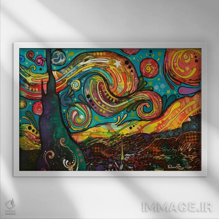 تابلو شب پرستاره (ارجاع به نقاشی ونگوگ) اثر باور روسو - نمای قابدار سفید