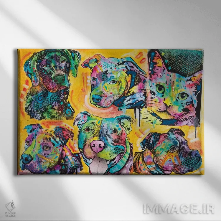 تابلو پنج سگ و یک گربه اثر باور روسو - نمای روبهرو روی دیوار