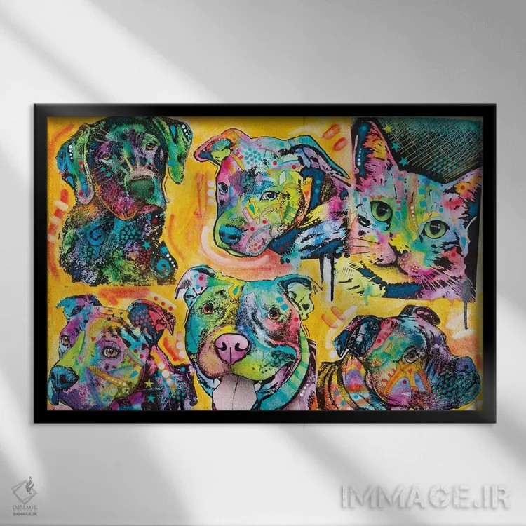 تابلو پنج سگ و یک گربه اثر باور روسو - نمای قابدار مشکی