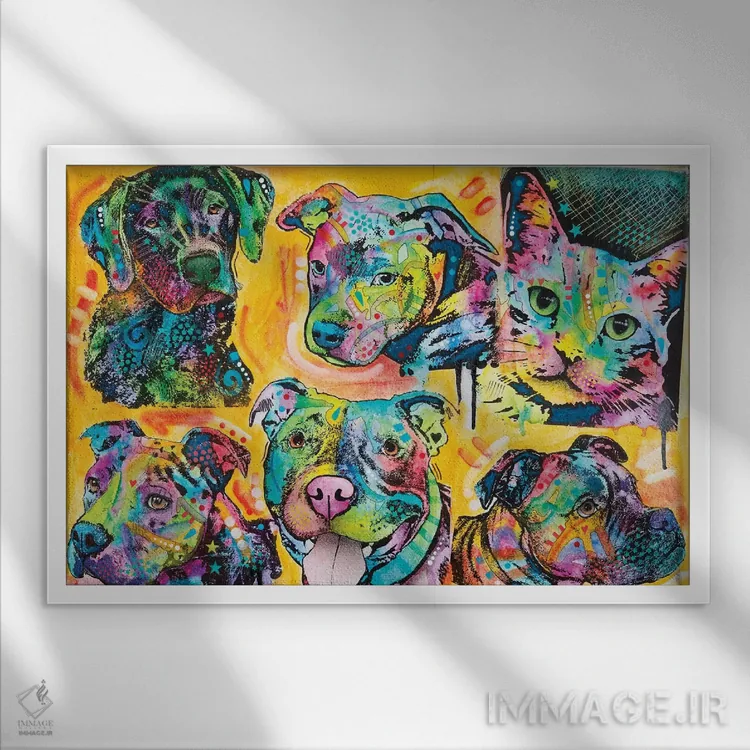 تابلو پنج سگ و یک گربه اثر باور روسو - نمای قابدار سفید