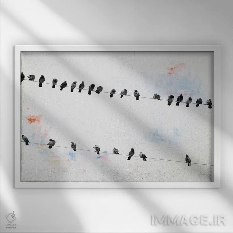 تابلو پرندگان روی سیم اثر دبورا رِوِل - نمای قابدار سفید