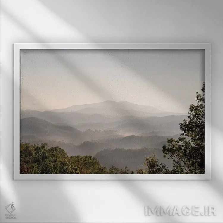 تابلو آمریکا، تنسی. چشمانداز کوههای اسموکی از پارکوی دامنه کوه. مه در درهها صبح زود اثر تریش دروی - نمای قابدار سفید
