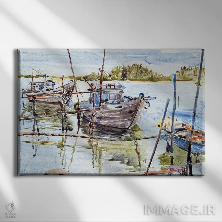 تابلو قایقهای رودخانهای هوئی آن اثر هلن دوبروویچ - نمای روبهرو روی دیوار