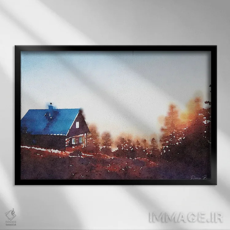 تابلو کلبه روی تپه اثر دنیس براون - نمای قابدار مشکی