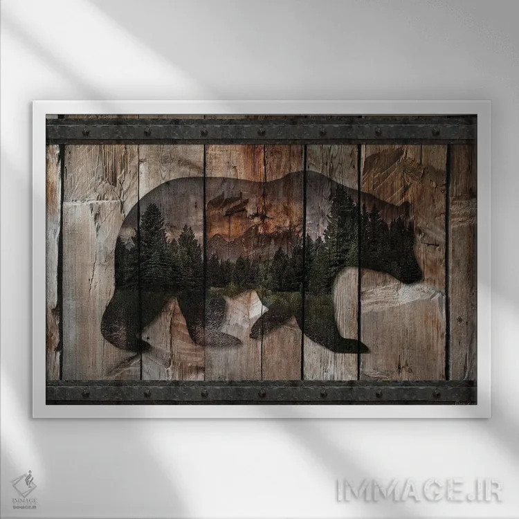 تابلو سیلوئت خرس کوهستان اثر دنیس براون - نمای قابدار سفید