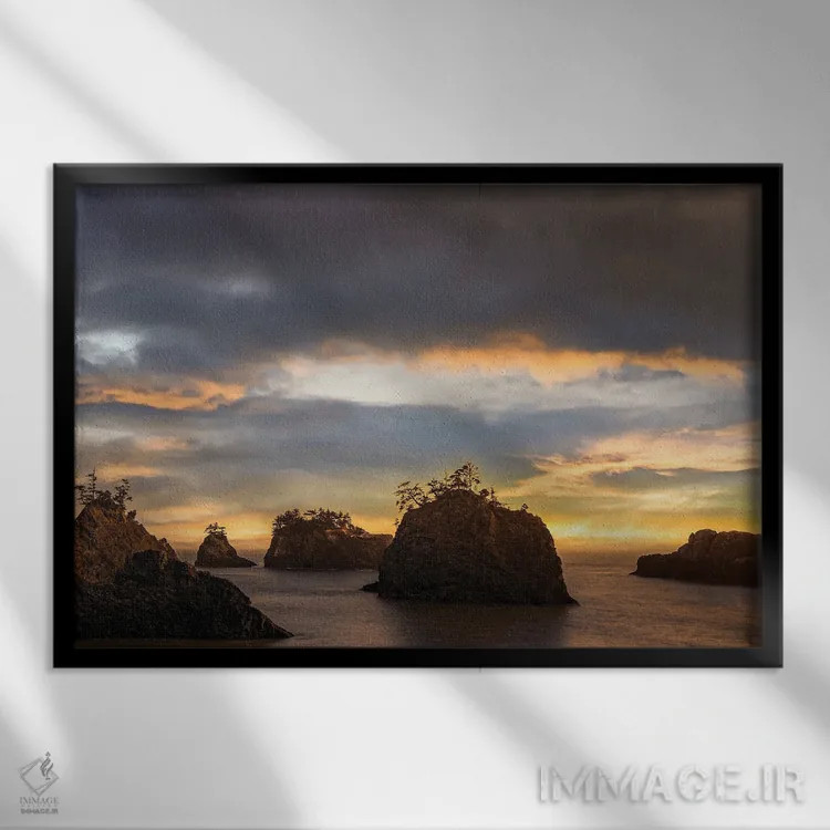 تابلو صخرههای دریایی در غروب آغازین پاییز ۲ اثر دان شوارتز - نمای قابدار مشکی