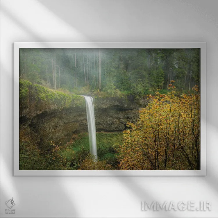 تابلو آبشار جنگل در مه پاییزی اثر دان شوارتز - نمای قابدار سفید