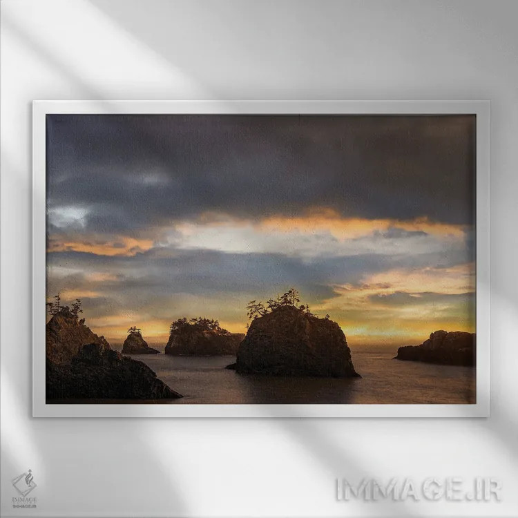 تابلو صخرههای دریایی در غروب آغازین پاییز ۲ اثر دان شوارتز - نمای قابدار سفید