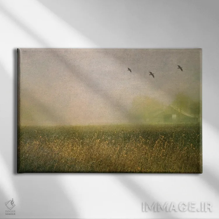 تابلو انبار مهآلود در میان گلهای آفتابگردان اثر دان شوارتز - نمای روبهرو روی دیوار