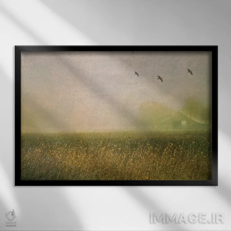 تابلو انبار مهآلود در میان گلهای آفتابگردان اثر دان شوارتز - نمای قابدار مشکی