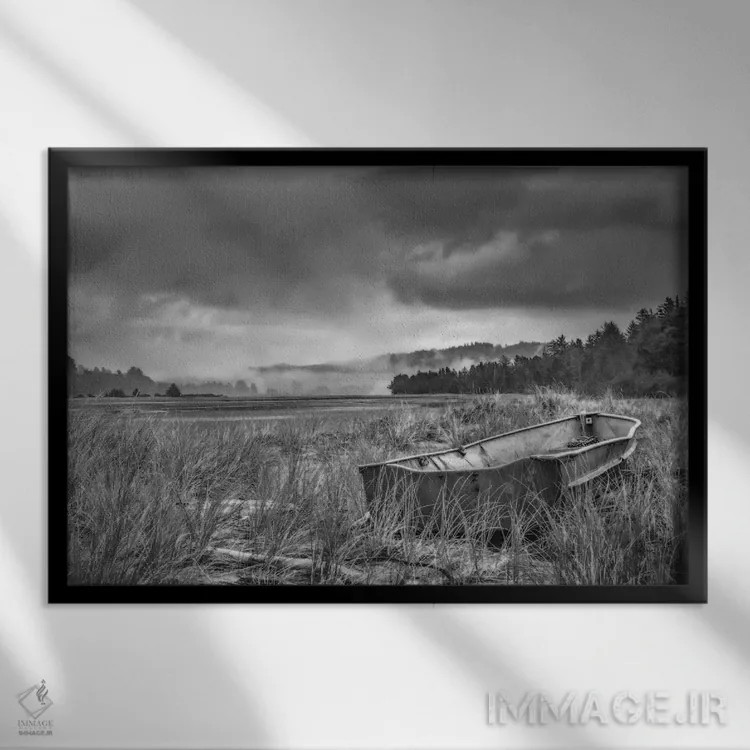 تابلو قایق پارویی در میان علفهای تپه شنی اثر دان شوارتز - نمای قابدار مشکی