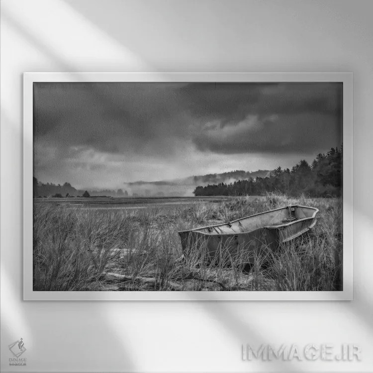 تابلو قایق پارویی در میان علفهای تپه شنی اثر دان شوارتز - نمای قابدار سفید