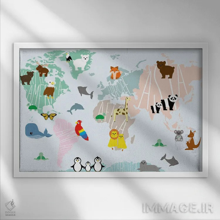 تابلو نقشه حیوانات اثر دنیلا سانتیاگو - نمای قابدار سفید