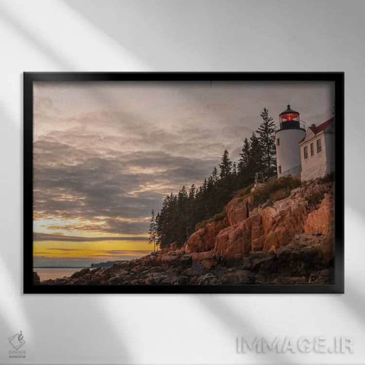 تابلو غروب فانوس دریایی بس هاربور اثر دن اسپرول - نمای قابدار مشکی