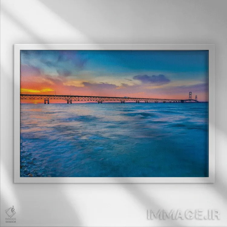 تابلو غروب بر فراز پل مکیناک اثر دن اسپرول - نمای قابدار سفید