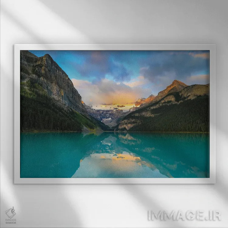 تابلو طلوع دریاچه لوییس اثر دن اسپرول - نمای قابدار سفید